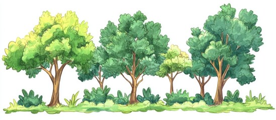 Wall Mural - Hand drawn illustration of lush green trees