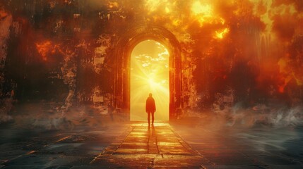 Wall Mural - a person stands in front of a large open door in a dark room