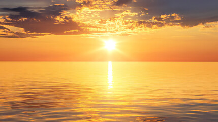 Golden sunset over a calm sea, clear weather, warm glow on the horizon