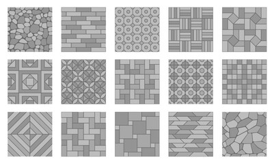 Poster - Grey stone pavement seamless patterns. Street paving background with vector rock texture of cobblestone, pebble, brick and flagstone. Pavement pattern floor tile, road, path and sidewalk paving motif