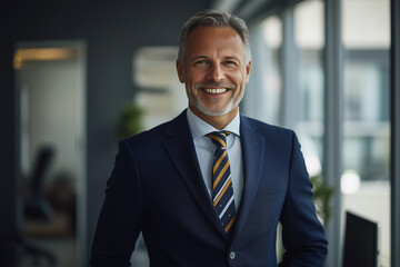 Poster -  man in a suit is smiling and standing in front of a window. He is wearing a blue jacket and a white shirt