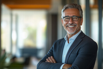Poster -  man in a suit and glasses is smiling and posing for a picture. He looks confident and professional