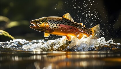 Brown trout soaring through sunlight-illuminated waters, showcasing its shimmering beauty in mid-air