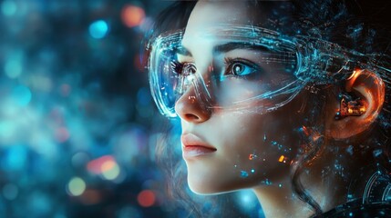 A woman with a futuristic look, wearing goggles and looking ahead. The image is full of blue and red lights, making it look like she is in a futuristic environment.