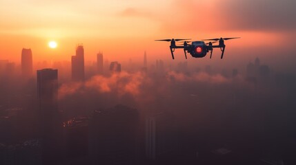 AI-controlled drones monitoring air pollution levels across cities: Drones equipped with sensors tracking and reporting real-time air quality data.