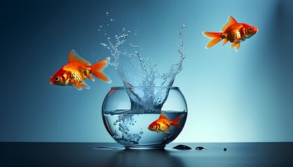 Dynamic leap of goldfish from small bowl to larger bowl with dramatic splash against a vibrant blue gradient backdrop