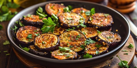 Wall Mural - Healthy veggie recipe Pan fried eggplant pancakes made from minced eggplant