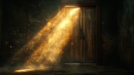 Detailed photograph captures a beam of light passing through a crack in an old wooden door in a dark room. Dust particles float in the air, creating a sense of mystery and suspense.