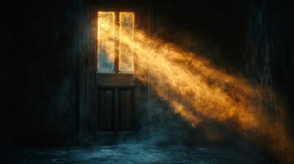 Detailed photograph captures a beam of light passing through a crack in an old wooden door in a dark room. Dust particles float in the air, creating a sense of mystery and suspense.