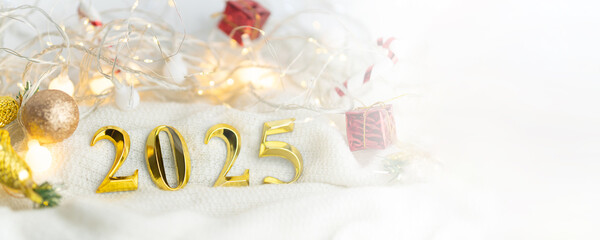 Wall Mural - Happy New Year 2025 golden numbers on celebration background Complete with luxurious lighting Happy new year concept, Christmas, celebration season. Festive celebration banner