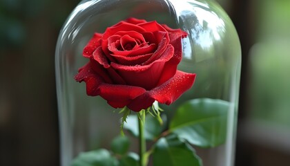 Timeless beauty of a red rose elegantly preserved under a glass dome