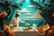 © ST22Studio - Elite Quilling Paper Filigree Private Butler Serving Breakfast on Beachside Patio, Symbolizing Bespoke Luxury Service
