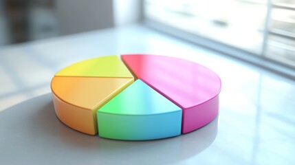 Poster - A dynamic 3D pie chart with segments in various bright colors, each section floating slightly above a white surface, symbolizing data analysis and statistics.