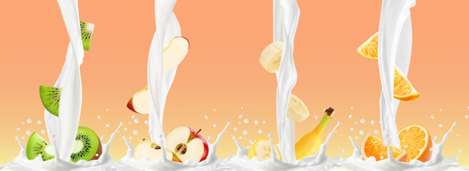 Wall Mural - Milk yogurt flow splash with fruits. Kiwi and apple, banana and orange slices falling in milk, cream or yoghurt drink. Vector 3d berries and yogurt pouring with realistic crown splash, drops, waves