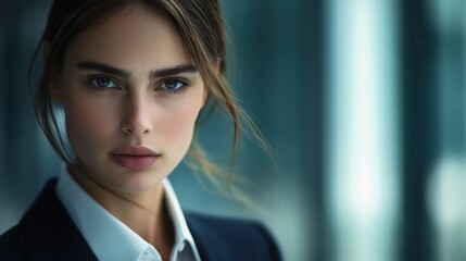 Poster - A high-resolution close-up of a businesswoman in formal wear, with a focused and approachable look, representing professionalism and success.