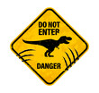 © Vector Tradition - T Rex dinosaur warning sign with claw scratch marks, danger zone caution vector banner. T-Rex tyrannosaurus danger area yellow warning signboard with dinosaur silhouette and claw scratch fissures