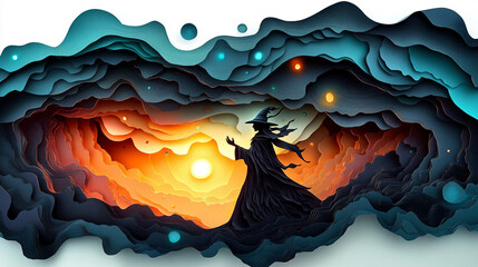 A paper cutout of a witch with a wand and a sun in the background. Scene is mysterious and magical