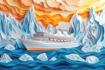 Luxury Cruise Ship in Paper Cut Style Sailing Past Arctic Icebergs - Quilling Paper Filigree Adventure