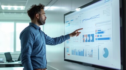 Aufkleber - A man pointing at a large monitor displaying graphs and charts