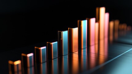 Fototapete - A sleek 3D bar graph with glossy columns of different heights, set against a dark background, emphasizing data visualization in finance and business