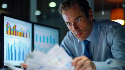 Aufkleber - A man is looking at a computer screen with multiple graphs and papers