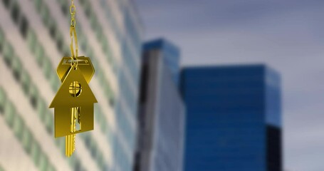 Poster - Animation of key and house over cityscape