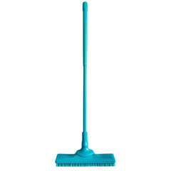 Photo of a teal blue metal and plastic duster with a long handle, isolated on a white background,