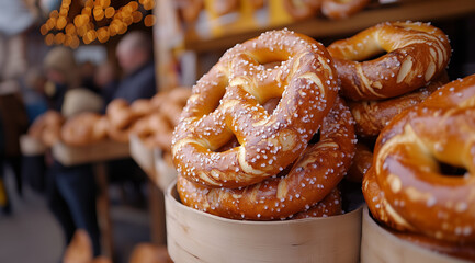 Wall Mural - Pretzels in a wooden plate on display with space for text, created with Generative AI technology