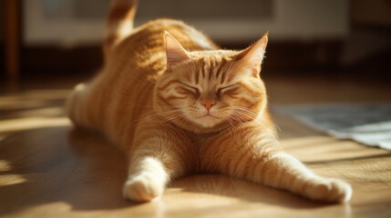Poster - An adorable overweight orange cat stretching lazily on the floor, showing off its soft belly and content expression.