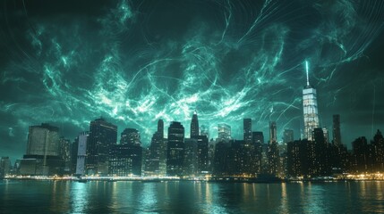 Aufkleber - An urban cityscape illuminated by electric waves in the sky at night, blending the beauty of nature with technological energy.