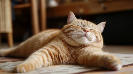 Poster - An adorable overweight orange cat stretching lazily on the floor, showing off its soft belly and content expression.