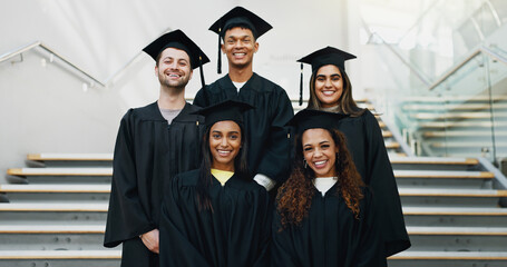 Poster - Students, graduation class and portrait on stairs for education, learning and group for success. People, university and celebration for college achievement, support and together for certification