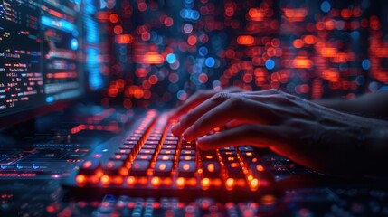 Wall Mural - Close-up of hands typing on a backlit keyboard in a dark room with a blurred computer screen in the background.