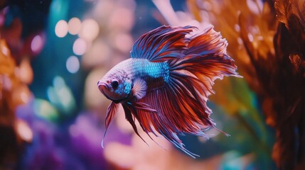 Poster - Close-up of a Betta fish with a mesmerizing array of colors and delicate fins, swimming elegantly through a well-decorated aquarium environment.