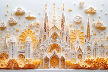 Wall Mural - Intricate Paper Cut Quilling of Sagrada Familia in Barcelona with Delicate Spires and Architectural Patterns