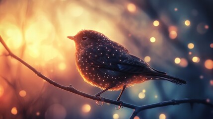 Poster - Close-up of a bird with detailed feather patterns, perched on a branch, with a background of softly glowing lights adding depth and a magical feel to the scene.