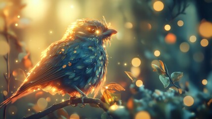 Poster - Close-up of a bird with detailed feather patterns, perched on a branch, with a background of softly glowing lights adding depth and a magical feel to the scene.