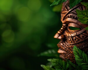 An artistic wooden mask surrounded by lush green foliage, symbolizing culture and nature's harmony in a vibrant setting.