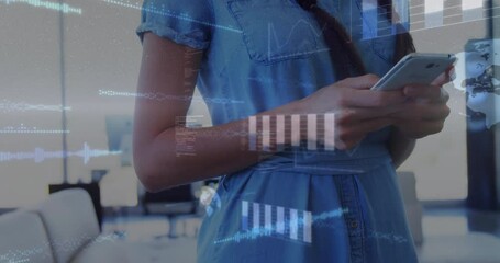 Poster - Animation of financial data processing over caucasian woman using smartphone