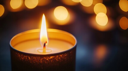 Poster - Close-up of a candle flame flickering softly in the dark, casting a warm, golden glow and creating a serene, peaceful ambiance.