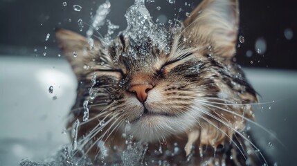 Poster - Close-up of a cat enjoying a bath, with water droplets on its fur and a content expression, showing the details of its wet fur and playful splashes.