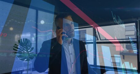 Poster - Animation of data processing and diagrams over caucasian businessman talking on smartphone