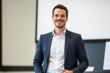 Man in business attire presenting a new product with a confident smile, modern studio environment, professional and engaging