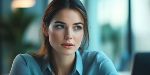 Poster - A thoughtful young woman sitting at a desk in a modern office setup. Her expression conveys focus and contemplation. The image showcases a professional vibe. AI