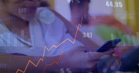 Poster - Animation of financial data processing over caucasian woman using smartphone