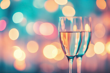 Two elegant glasses are positioned against a vibrant bokeh background with warm and cool tones, creating a festive and celebratory ambiance perfect for events or parties.