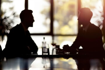 Business as usual Defocussed shot of two silhouetted businesspeople having a meeting in the boardroom