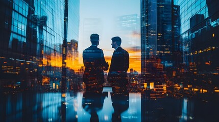 Wall Mural - Silhouettes of Businessmen on Rooftop with Cityscape Reflection