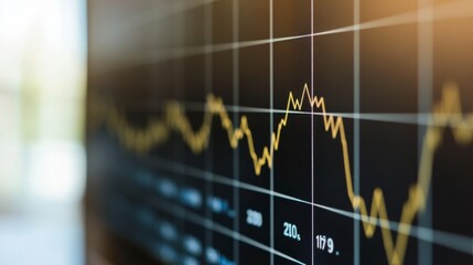 Fototapete - Close-up of a financial graph on a computer screen, showcasing upward and downward trends with detailed line and bar charts.