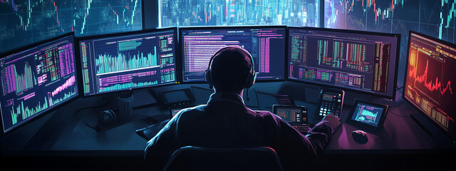 Male professional monitoring multiple screens with stock market data in a dimly lit, high-tech trading room.